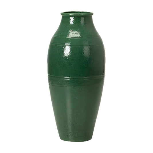 Vintage Emerald Green Glazed Ceramic Floor Vase - Ribbed Texture Tall Decorative Pottery